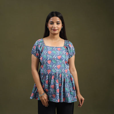  Blue Sanganeri Block Print Cotton Top
