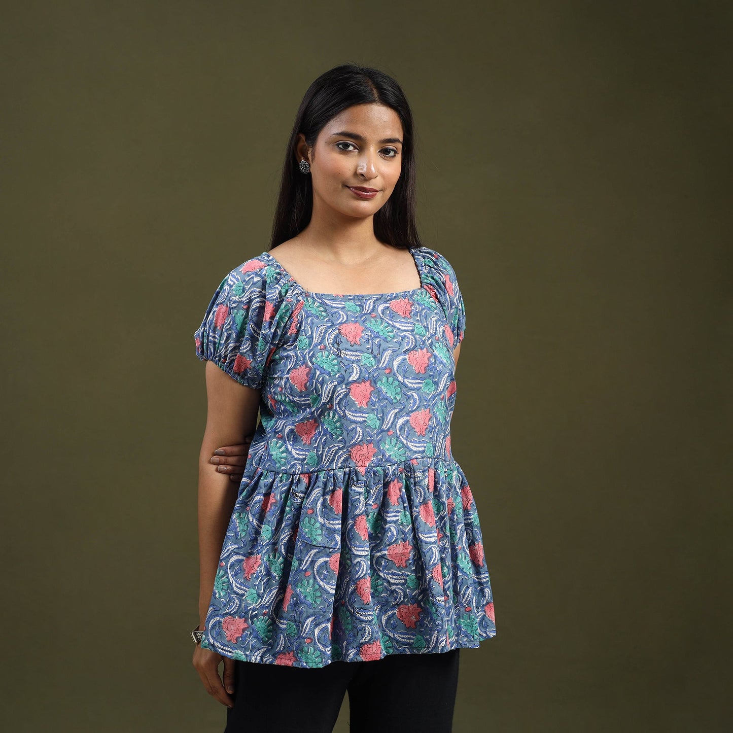  Blue Sanganeri Block Print Cotton Top