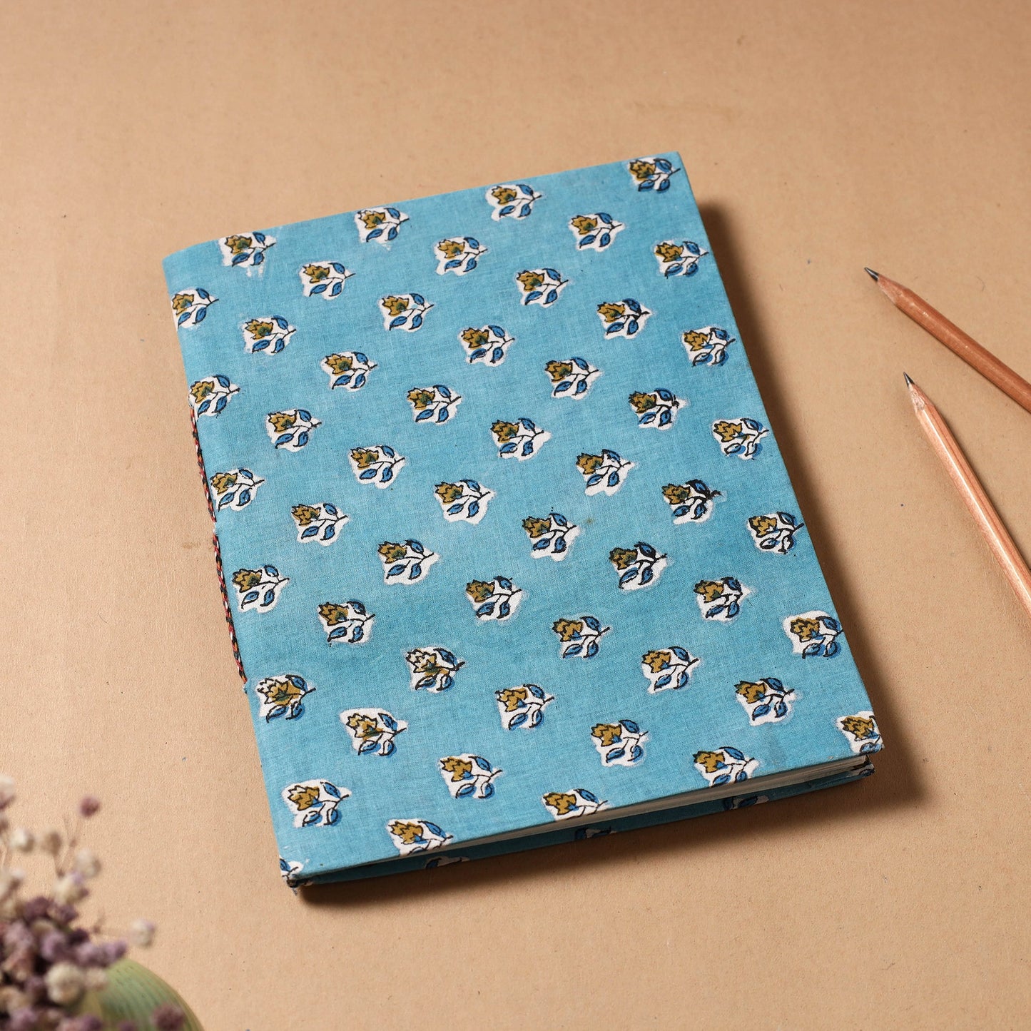 Blue - Sanganeri Fabric Cover Handmade Paper Notebook (9 x 7 in)