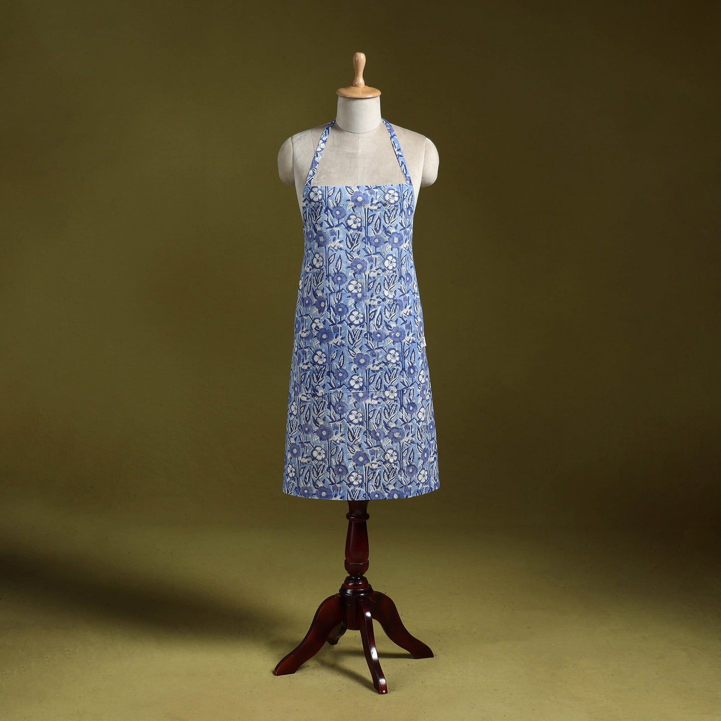 Blue - sanganeri hand block print apron with pocket 04