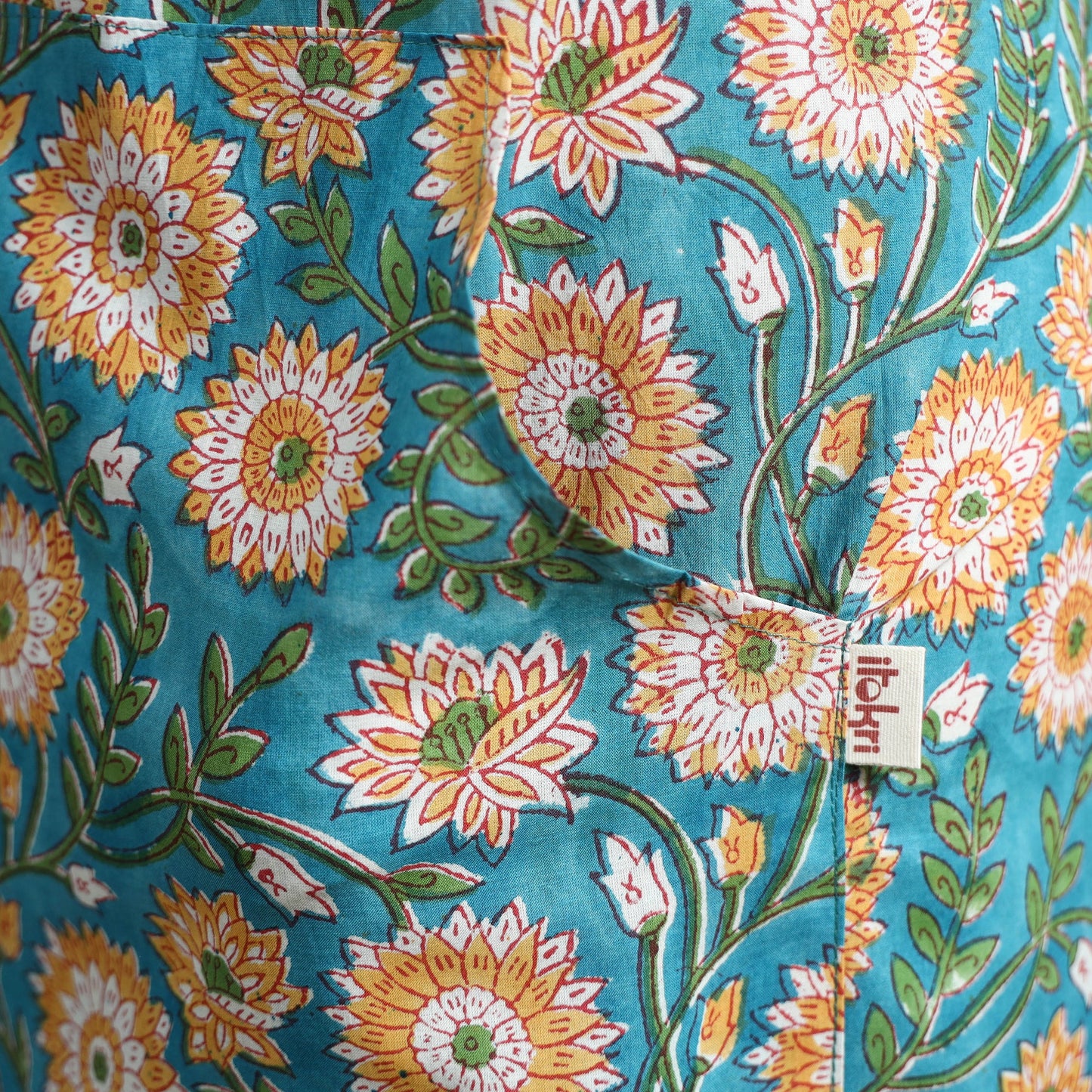 Blue - sanganeri hand block print apron with pocket 06