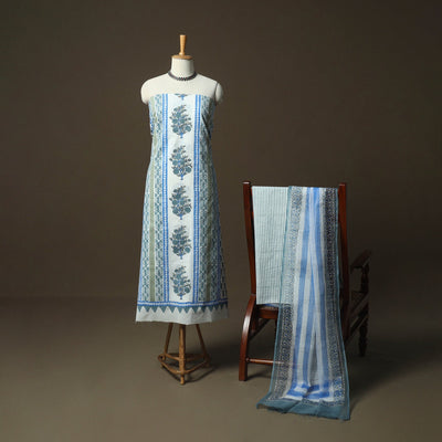 Sanganeri hand block print cotton 3pc unstitched dress