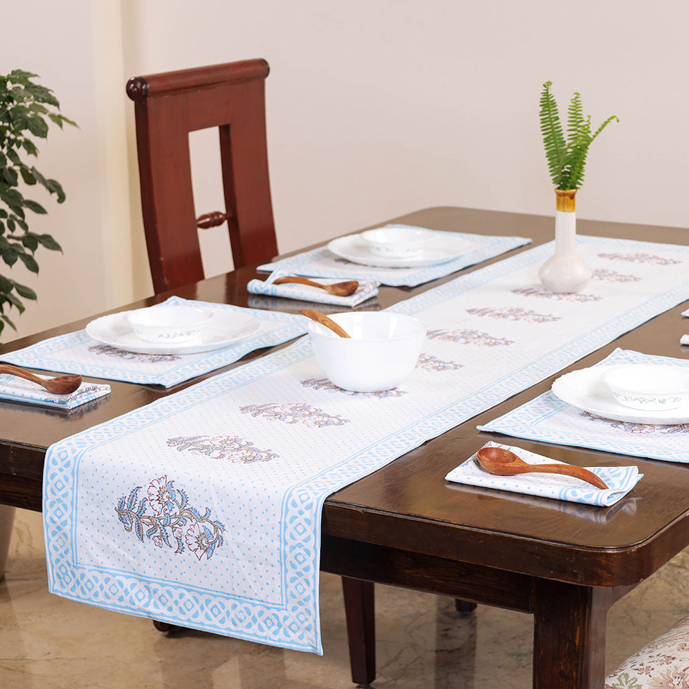 Blue Sanganeri Print Cotton Table Runner with Mats & Napkins