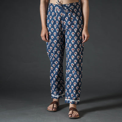 Blue - sanganeri hand printed cotton pant - handcrafted