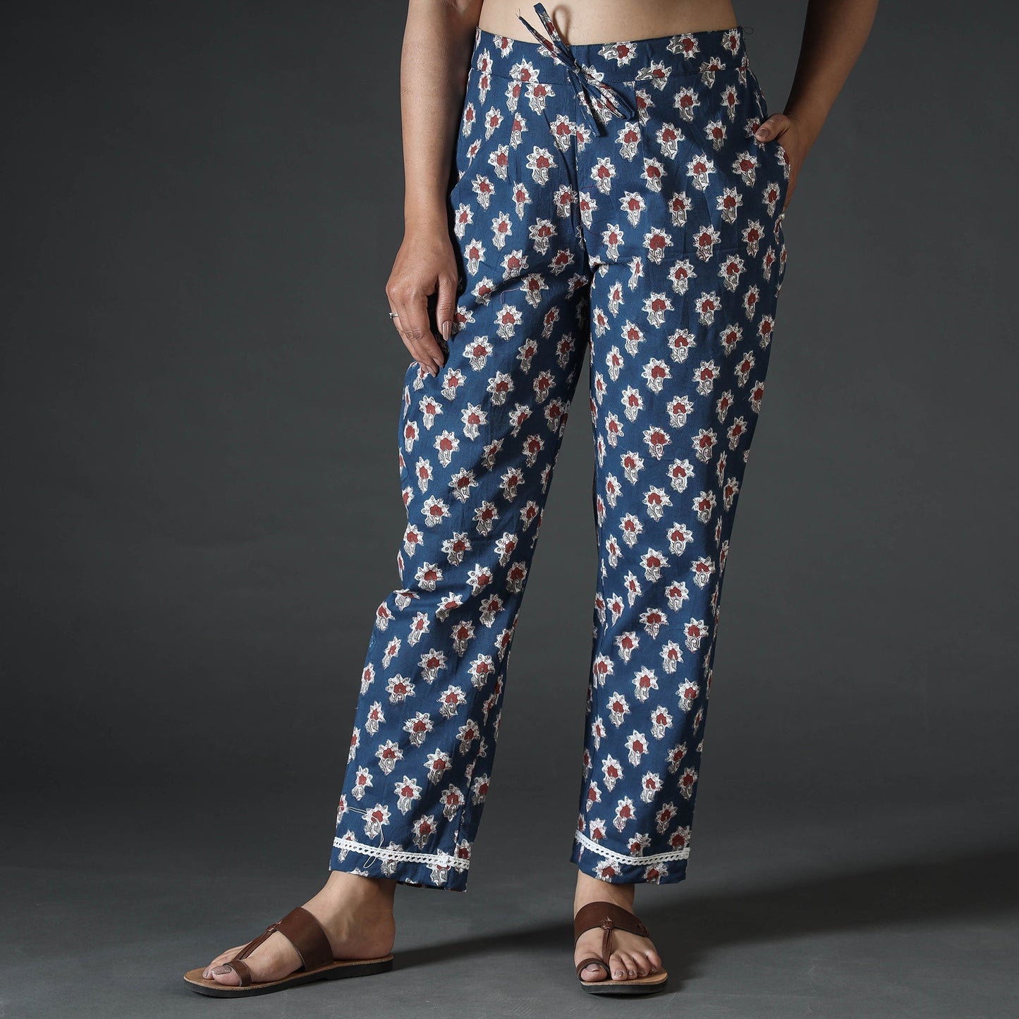 Blue - sanganeri hand printed cotton pant - handcrafted