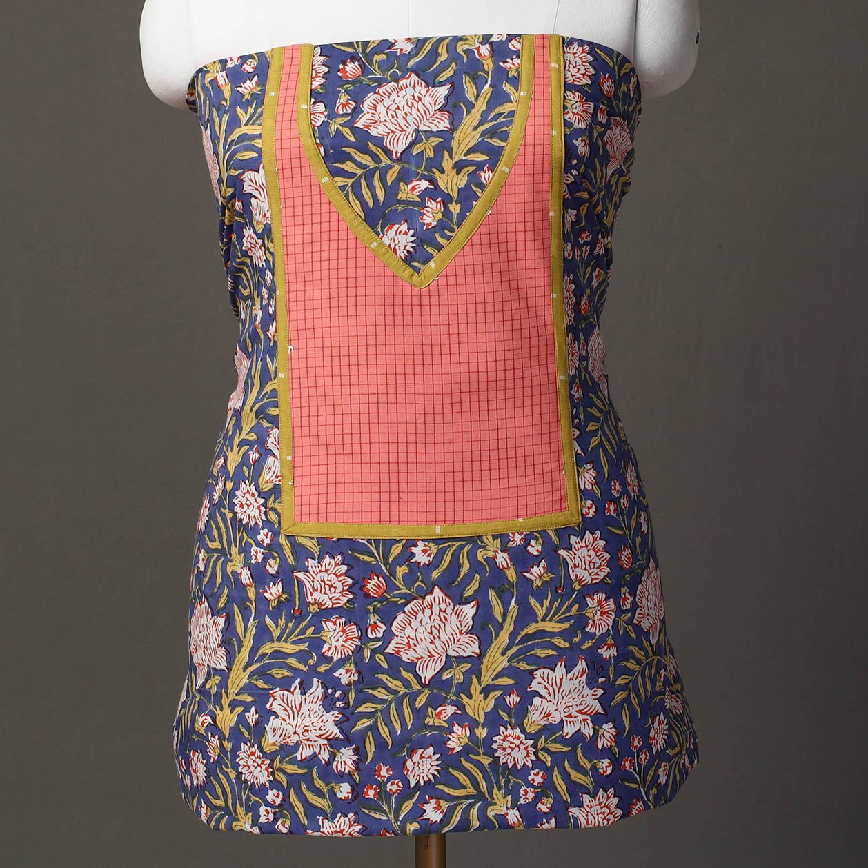  Blue Sanganeri Block Print Patchwork Kurta Material