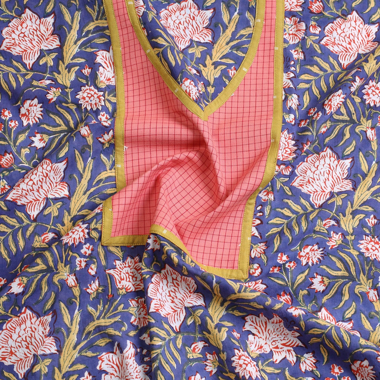  Blue Sanganeri Block Print Patchwork Kurta Material