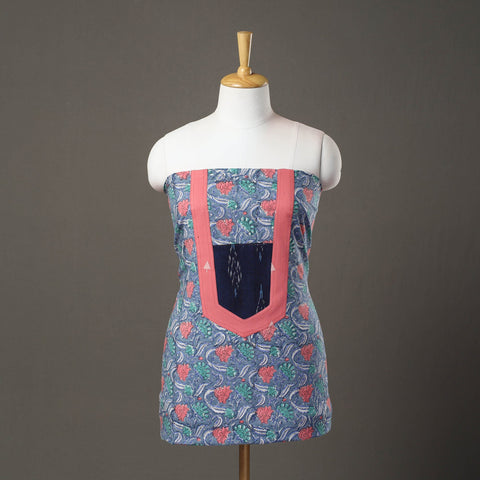 Blue - sanganeri patchwork unstitched kurta material (3m)