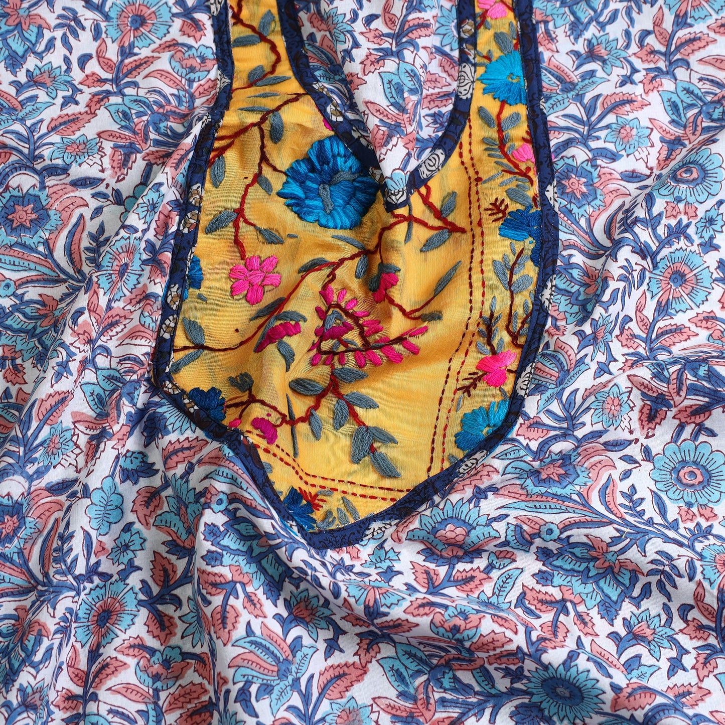 Blue - sanganeri patchwork unstitched kurta material (3m)