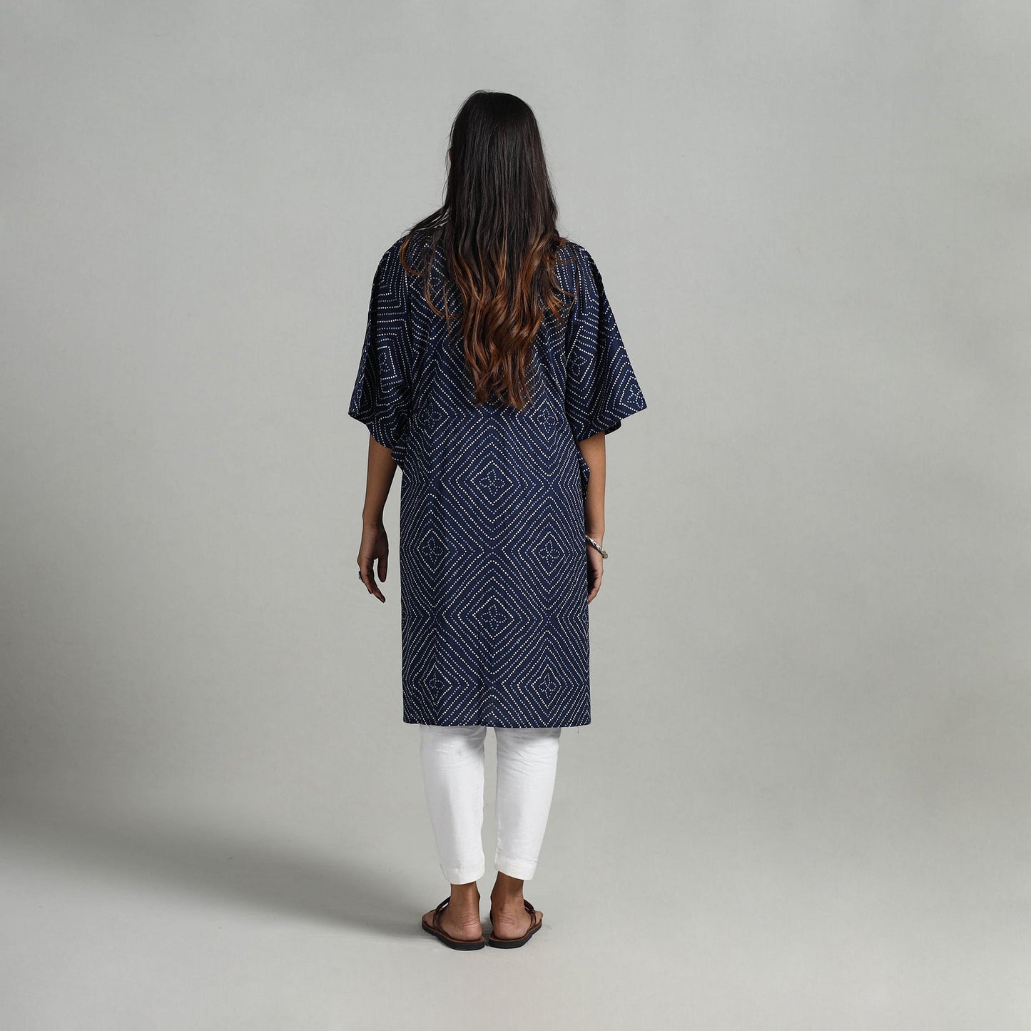 Blue - sanganeri printed cotton kaftan with tie-up waist