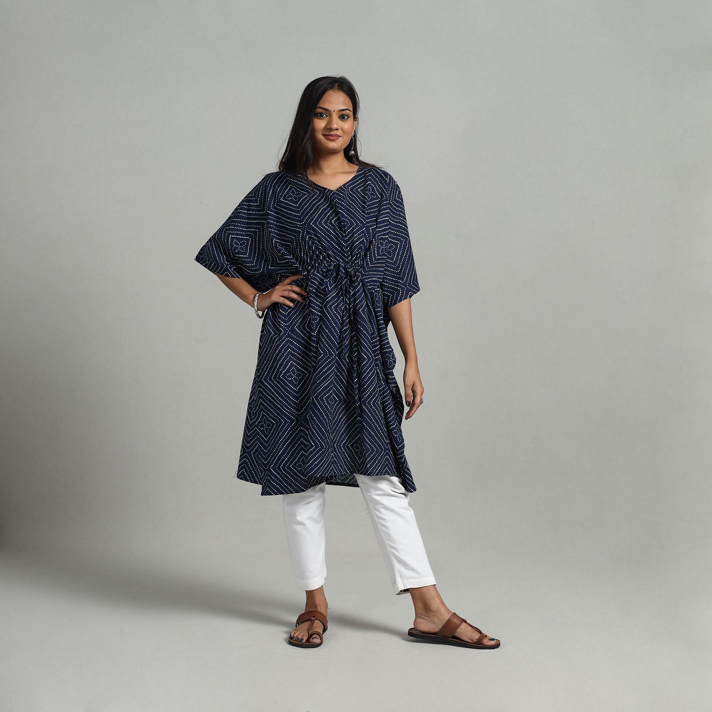Blue - sanganeri printed cotton kaftan with tie-up waist