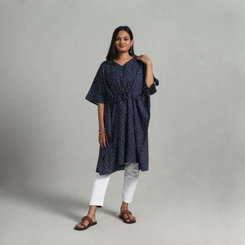 Blue - sanganeri printed cotton kaftan with tie-up waist