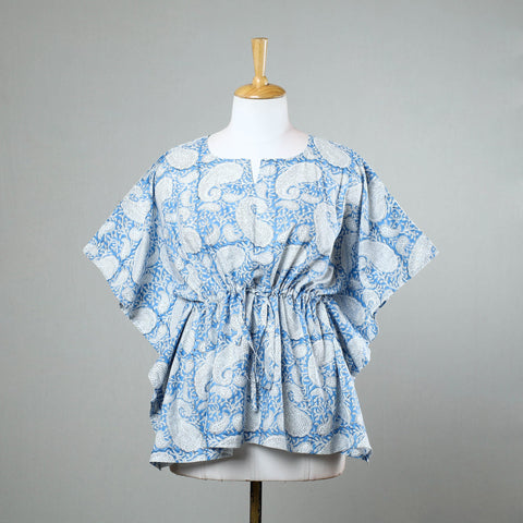 Blue - sanganeri printed cotton kaftan with tie-up waist