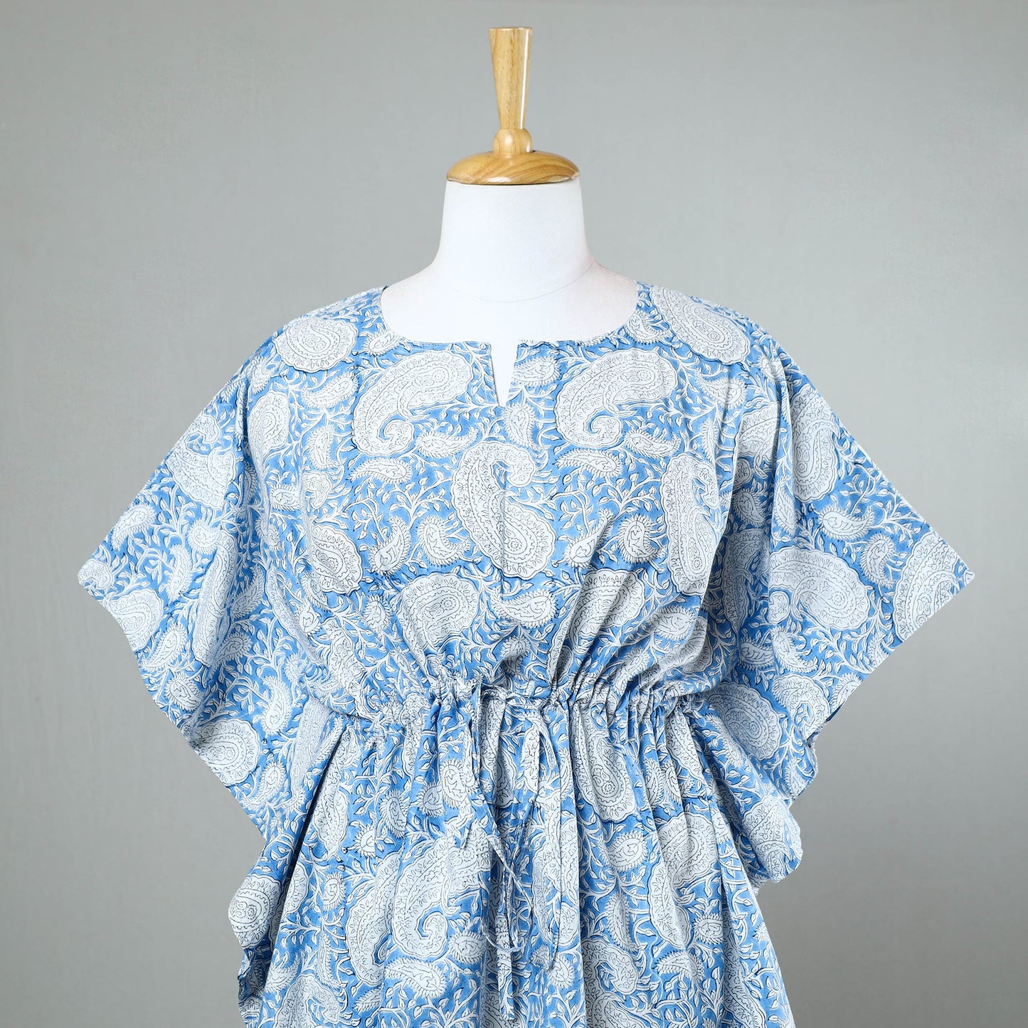 Blue - sanganeri printed cotton kaftan with tie-up waist