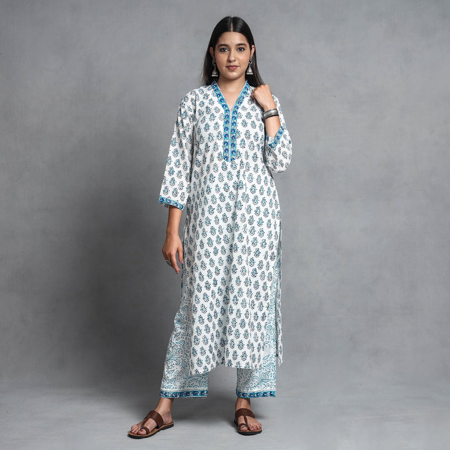 Sanganeri printed cotton kurta with palazzo & dupatta set