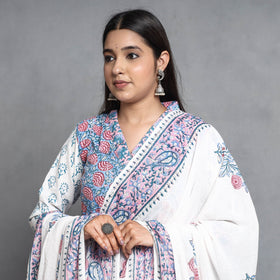  Sanganeri Block Printed Cotton Kurta with Palazzo & Dupatta Set 