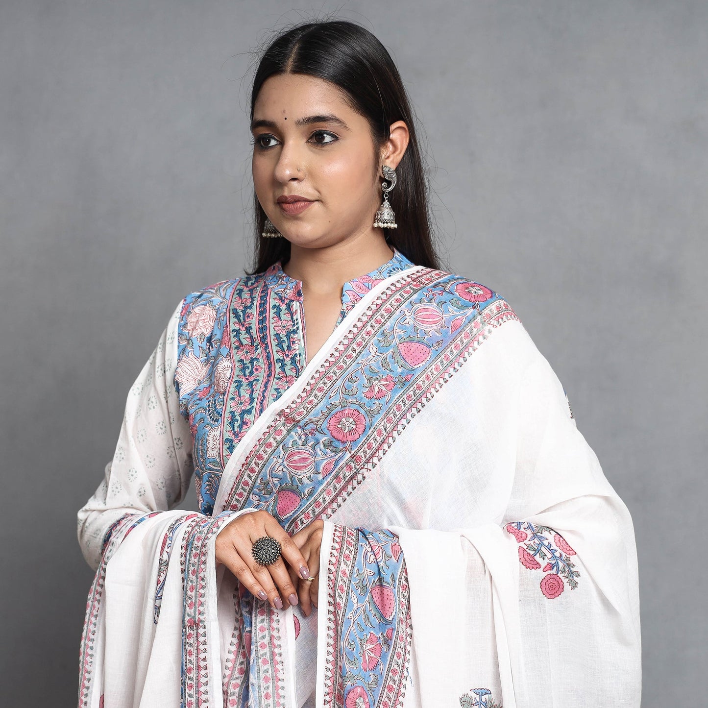 Buy Sanganeri Block Printed Cotton Kurta with Palazzo & Dupatta Set Online at iTokri.com