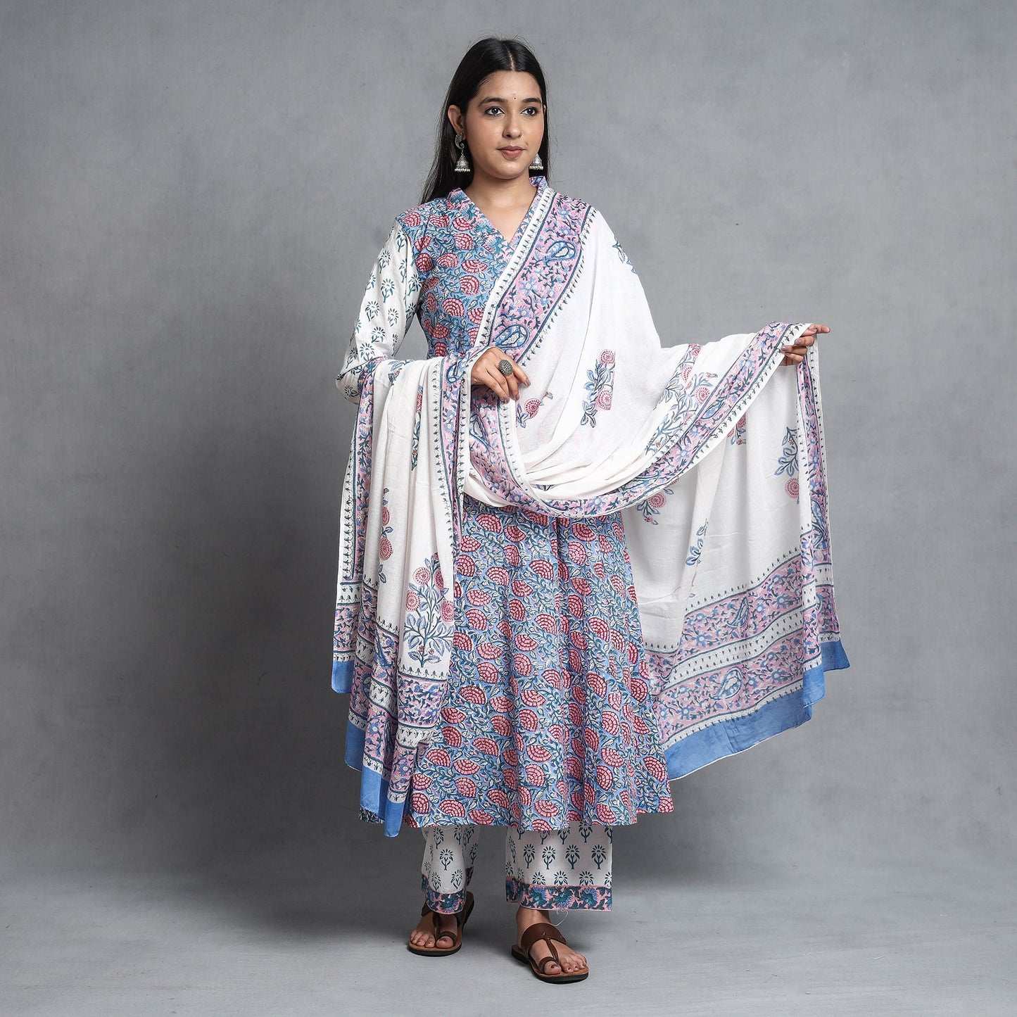  Sanganeri Block Printed Cotton Kurta with Palazzo & Dupatta Set 