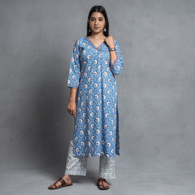 Blue - sanganeri printed cotton kurta with palazzo &