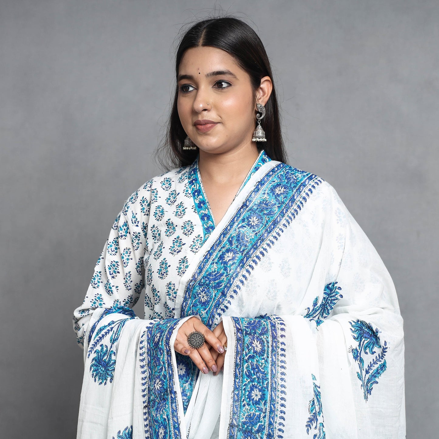 Sanganeri printed cotton kurta with palazzo & dupatta set
