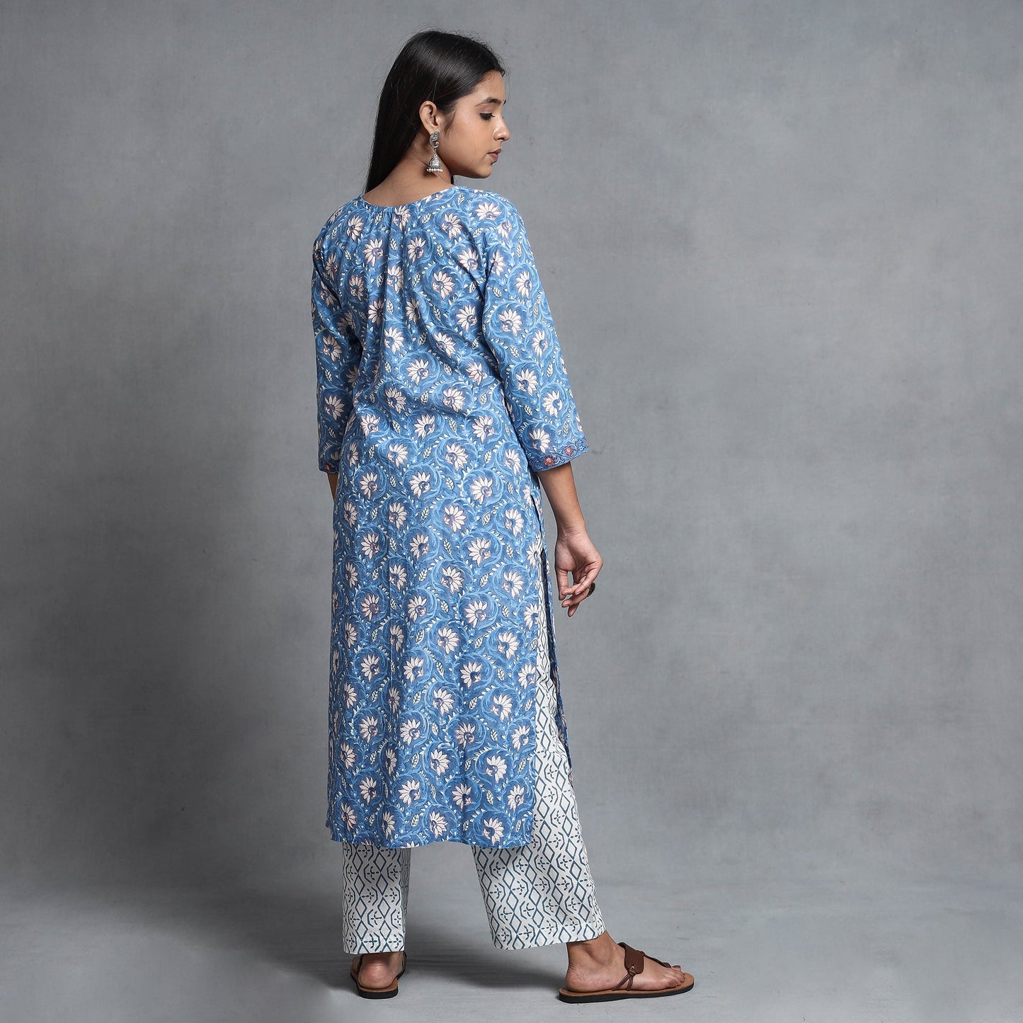 Blue - sanganeri printed cotton kurta with palazzo &