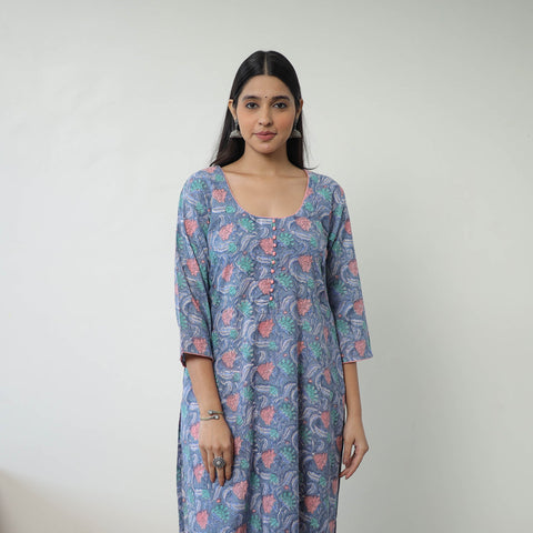 Blue Sanganeri Hand Block Print Cotton White Long Kurta for Women