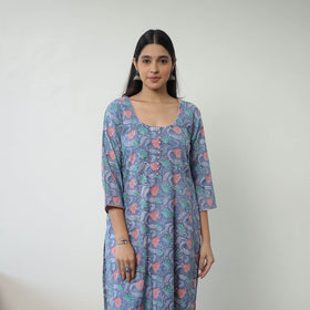 Blue Sanganeri Hand Block Print Cotton White Long Kurta for Women