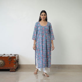 Blue Sanganeri Hand Block Print Cotton White Long Kurta for Women