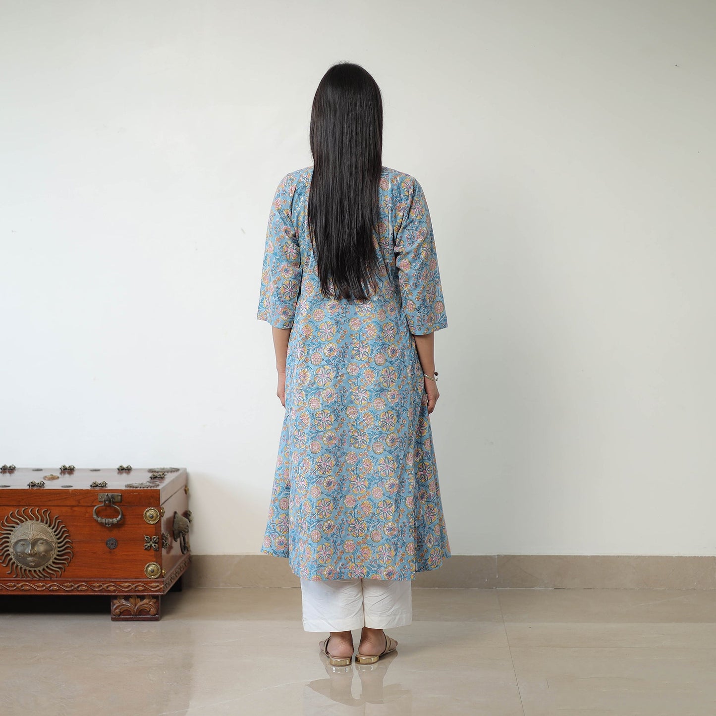  Blue Sanganeri Block Printed Cotton Long Kurta for Women