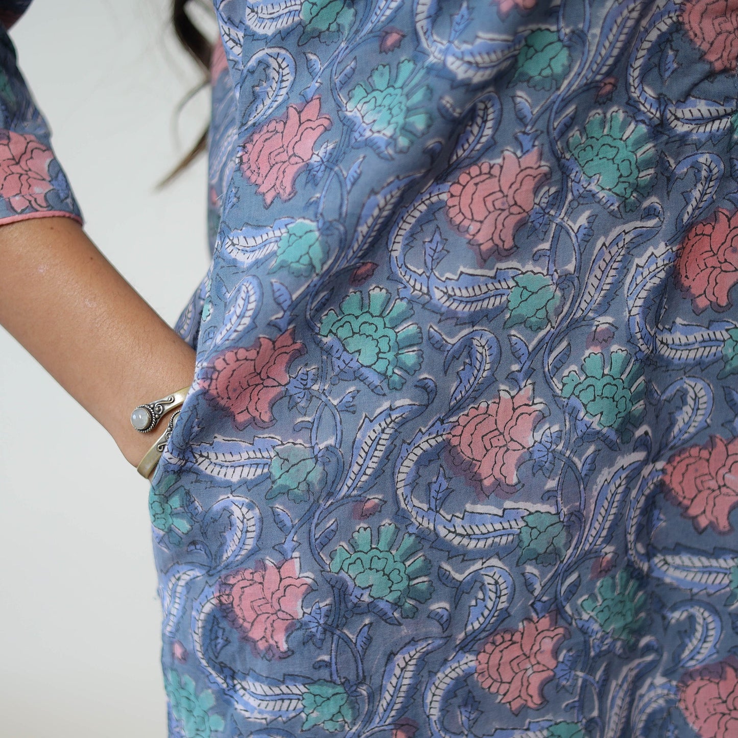 Blue Sanganeri Hand Block Print Cotton White Long Kurta for Women