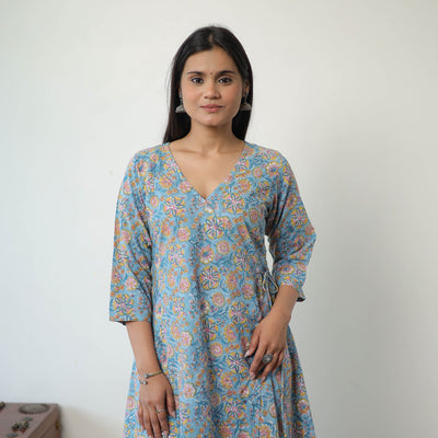  Blue Sanganeri Block Printed Cotton Long Kurta for Women