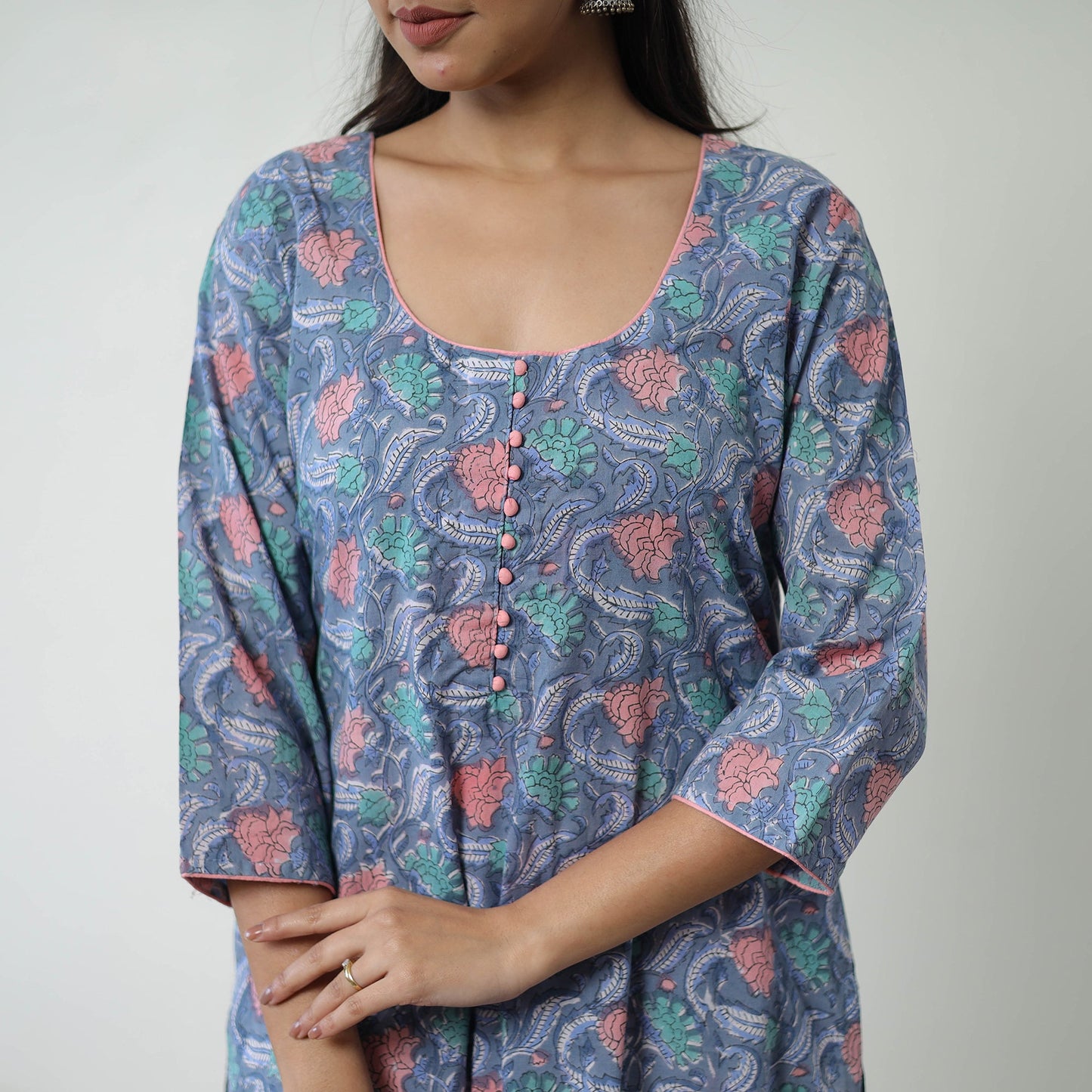 Blue Sanganeri Hand Block Print Cotton White Long Kurta for Women