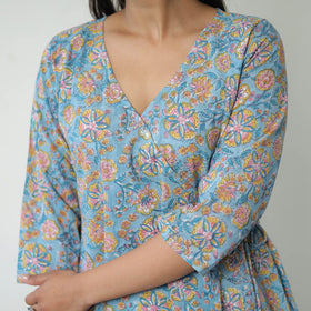  Blue Sanganeri Block Printed Cotton Long Kurta for Women