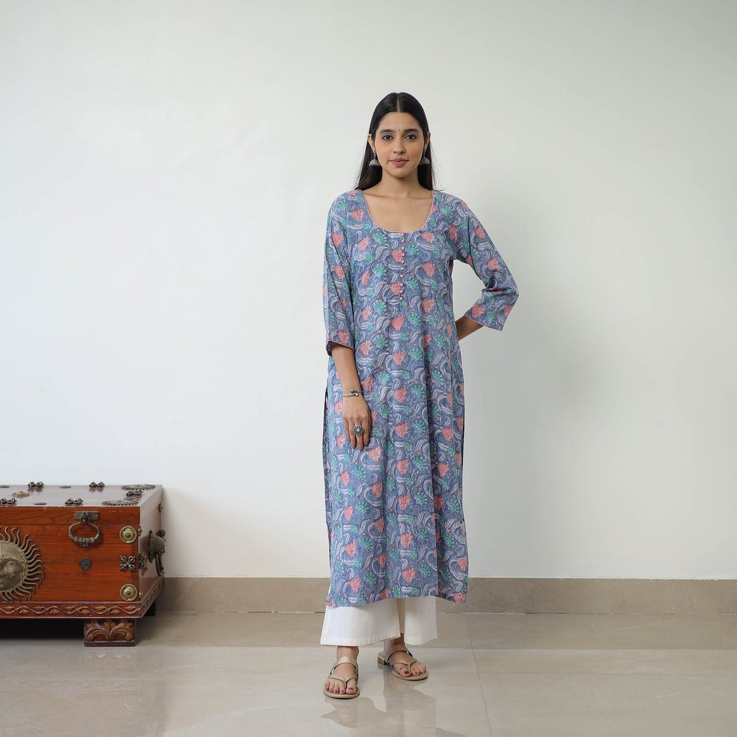 Blue Sanganeri Hand Block Print Cotton White Long Kurta for Women