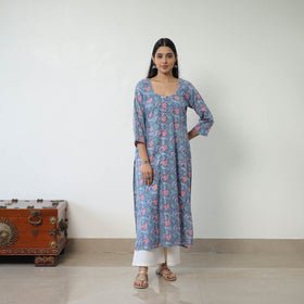 Blue Sanganeri Hand Block Print Cotton White Long Kurta for Women