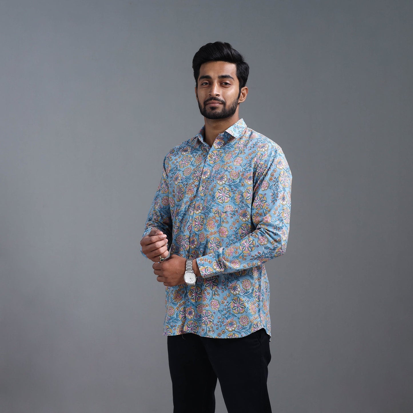Blue Sanganeri Block Printed Cotton Men Full Sleeve Shirt