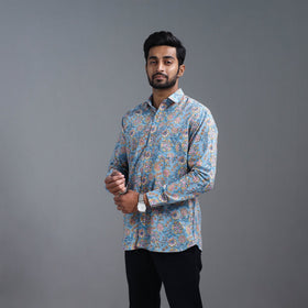 Blue Sanganeri Block Printed Cotton Men Full Sleeve Shirt