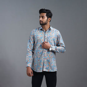 Blue Sanganeri Block Printed Cotton Men Full Sleeve Shirt