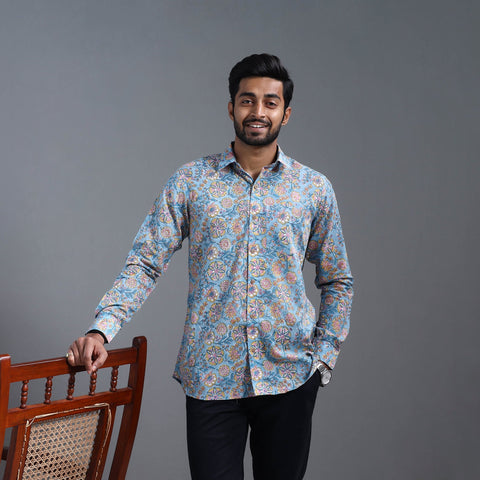 Blue Sanganeri Block Printed Cotton Men Full Sleeve Shirt