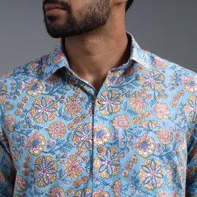 Blue Sanganeri Block Printed Cotton Men Full Sleeve Shirt