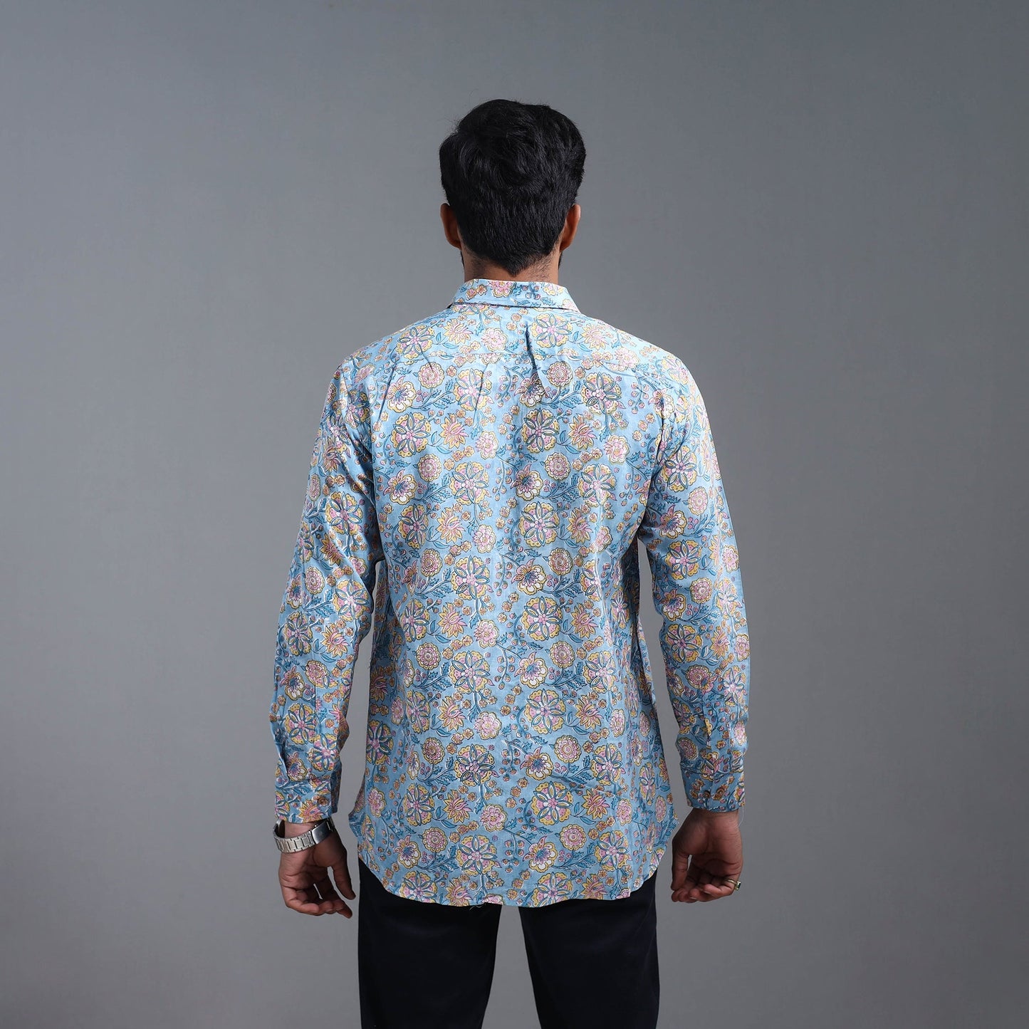 Blue Sanganeri Block Printed Cotton Men Full Sleeve Shirt