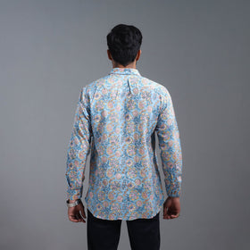 Blue Sanganeri Block Printed Cotton Men Full Sleeve Shirt
