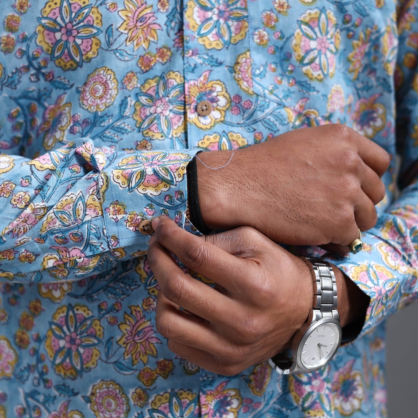 Blue Sanganeri Block Printed Cotton Men Full Sleeve Shirt