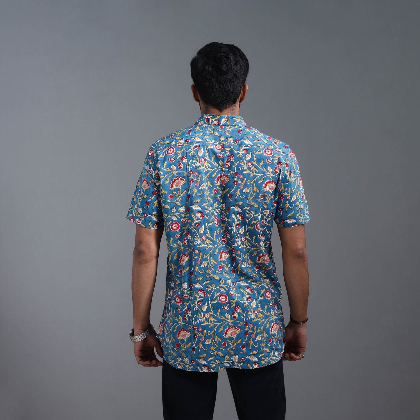 Buy Blue Sanganeri Block Print Cotton Men Half Sleeve Shirt 