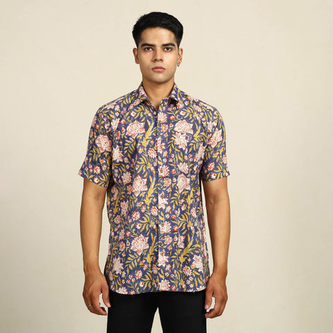 Buy Sanganeri Block Printed Cotton Men Half Sleeve Shirt 107Online at iTokri.com