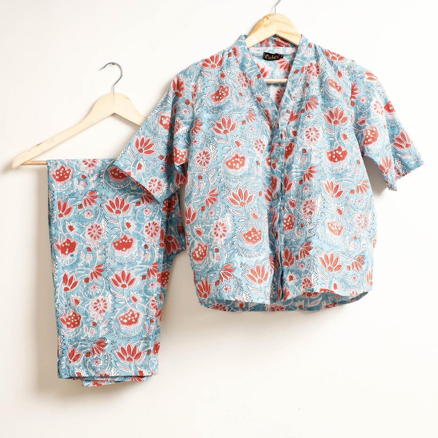 Blue Ajrakh Block Printed Cotton Night Suit Set 