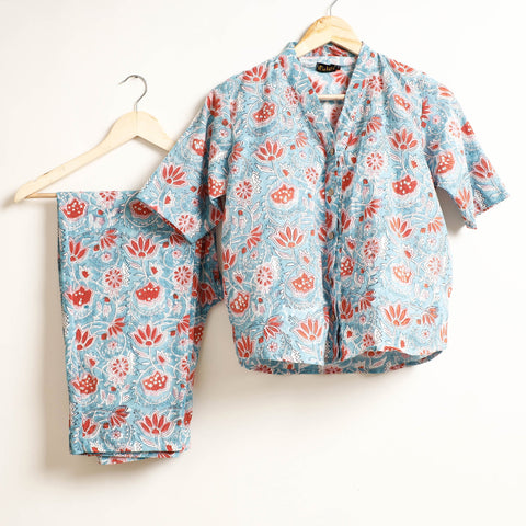 Blue Ajrakh Block Printed Cotton Night Suit Set 