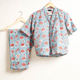 Blue Ajrakh Block Printed Cotton Night Suit Set 