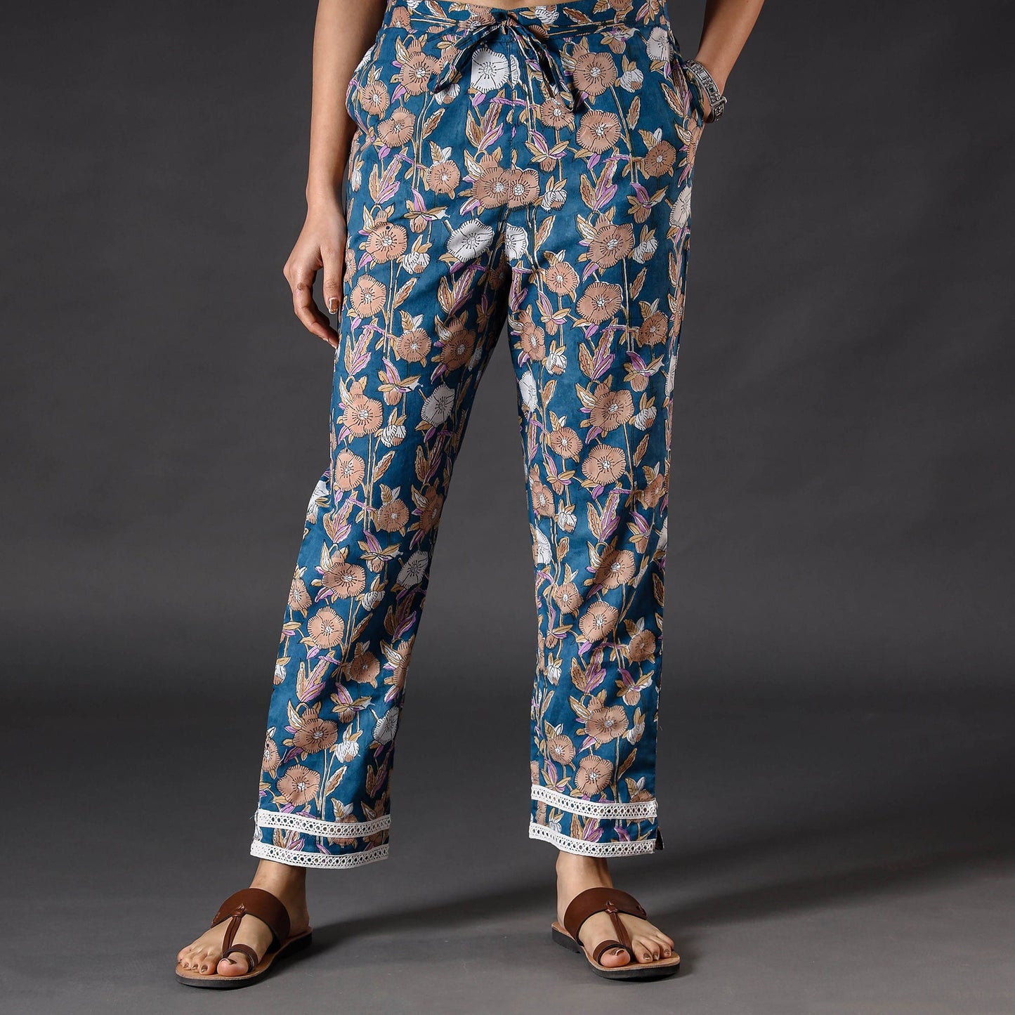 Buy Blue Sanganeri Block Printed Cotton Pant Online