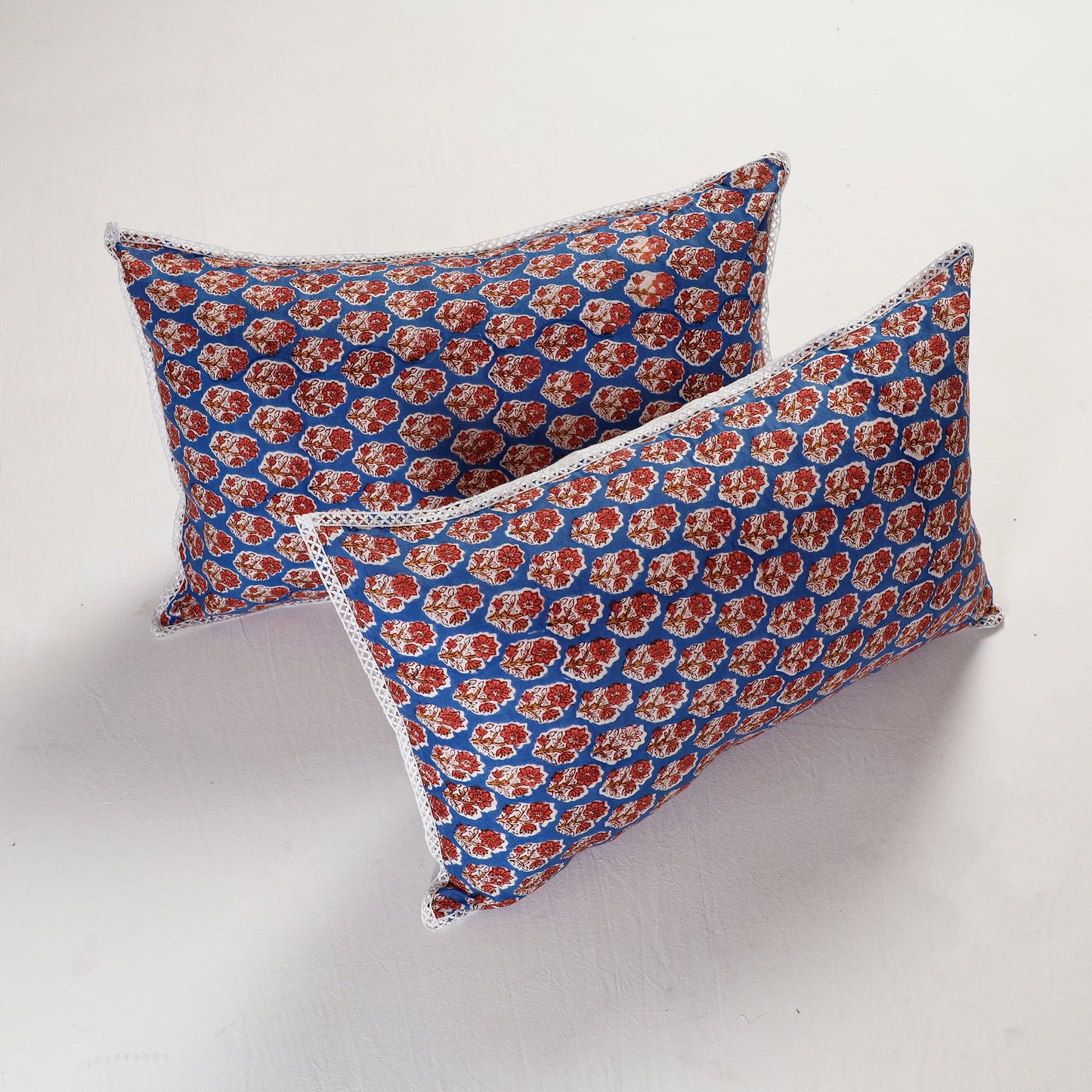 BuySanganeri Block Printed Cotton Pillow Cover With Lace (26 x 16 in) - Set of 2 